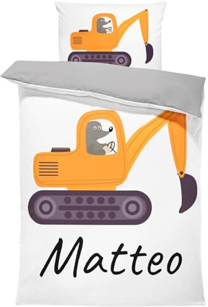 Pictogogo Ensemble de Parure de Lit Personnalisable avec Nom pour Bébé et Enfant - Animaux, Housse de Couette Zippée et Taie d'oreiller Incluses - Cadeau Unique (Excavateur, 100 x 135)
