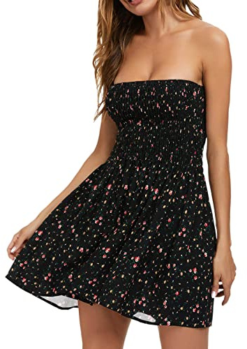 Robe de Plage Femme ete Courte Sexy Epaule Denudee Robe Bustier Femme Mariage invitée Robe Fleurie Femme Chic et Elegant Boheme Fluide sans Manches Mini Robe Casual Femme Vacances (Black, M)