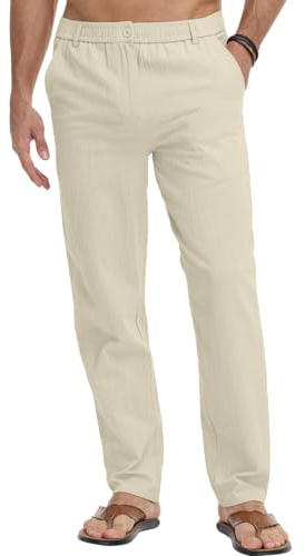 LVCBL Men's Linen Trousers Elasticated Waist Beach Summer Trousers Khaki XL