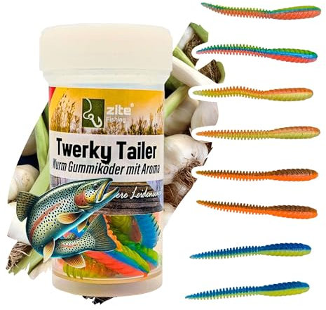 Zite Fishing Twerky Tailer Forellenköder Gummi | 3in1 Gummiköder Forelle | Made in Germany | Phthalatfrei | Knoblauch & Käse Aroma | Forellenangeln Köder & Spoons Alternative (Nature Mix Knoblauch)