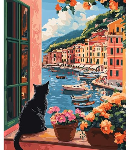 NEWENMO Gato Negro Pintar por Numeros Kit,Vista al Mar Pintura por Numeros Adultos,DIY Flores Paint by Numbers Kits,con Pinceles,Pigmento Acrílico,para Decoración de Hogar(40x50cm,Sin Marco)