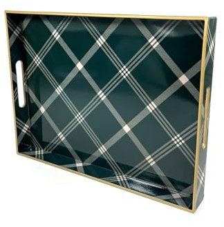 Heaven4you Classic Green and Gold Plaid Decorative Serving Tray with Glossy Finish and Side Handles | Elegant Organizer or Food Tray for Kitchen, Coffee Table or Dining Room
