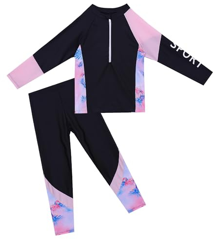 Girls Long Sleeve Swim Shirts uv Protection with Pants Two Piece Rash Guard Bathing Suit Swimwear 7-8Years Black