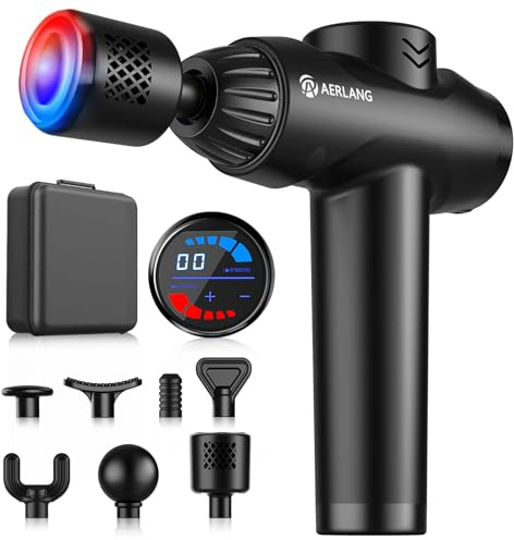 AERLANG Pistola per massaggi con calore, pistola massaggiante per tessuti profondi, massaggiatore a percussione muscolare a 20 velocità con touch screen LCD, 7 teste, pistola massaggiante con custodia