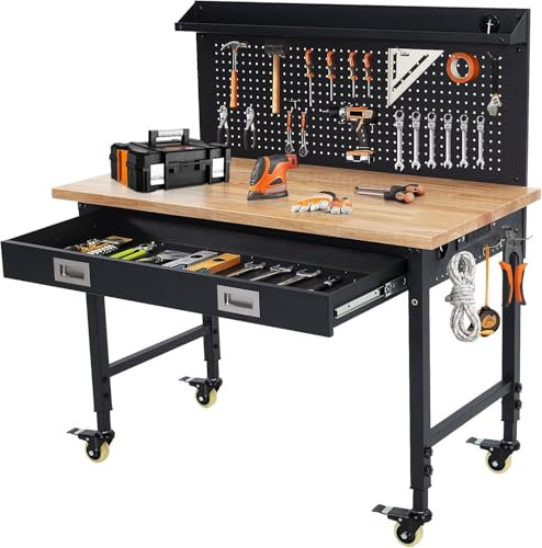 Garvee 122x61 cm Adjustable Workbench with Drawer, Height Adjustable Work Table with Led Lights & Power socket, Heavy Duty Steel Workstation, Work Benches for Garage, Workshop