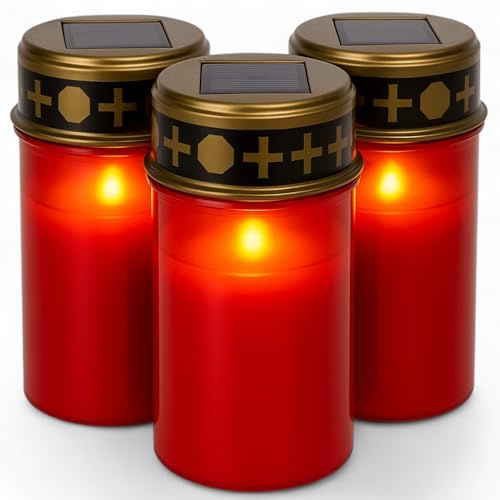 MIJOMA LED-gravljus för utomhusbruk – batteridriven, realistisk flimmereffekt, 6 månaders brinntid – gravljus, gravlampa (rött sol, 3 stycken set)