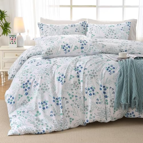 MUXHOMO Blue Flower Bed in a Bag Queen 7 Pieces, Queen Comforter Set Reversible Botanical Flowers Design, Ultra Soft & Breathable Bedding Sets with Comforter, Sheets, Pillowcases & Shams