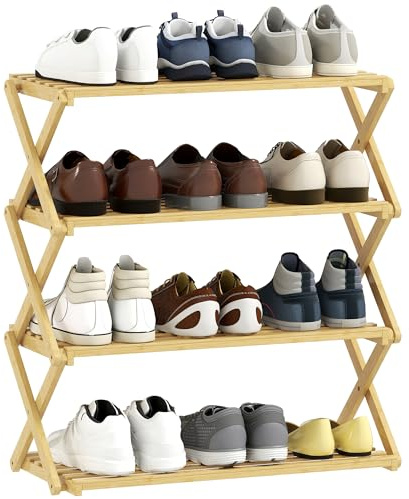 HOMCOM Zapatero Estrecho de Bambú, Zapatero Vertical Plegable de 4 Niveles, Sin Instalación, Estantería para Zapatos para Entrada, Pasillo, Dormitorio, Natural