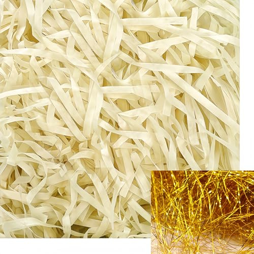 Paglietta per Bomboniere, Riempimento di Carta Regalo,210 g grammi di carta sminuzzata,carta kraft Shredded Raffia,Paglia per Scatole,per decorare regali, artigianato fai da te(Giallo pallido+oro)
