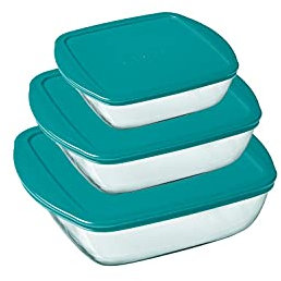 Pyrex® Cook & Store - Juego de 3 platos de almacenamiento cuadrados de vidrio con tapas (0,35 L, 1 L, 2,2 l) - Libre de BPA