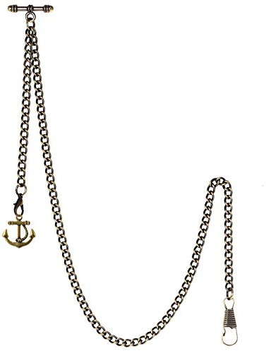 TREEWETO Men's Albert Chain Pocket Watch Curb Link Key Chain 2 Hooks with Antique Anchor Bronze Pendant Design Charm Fob T Bar