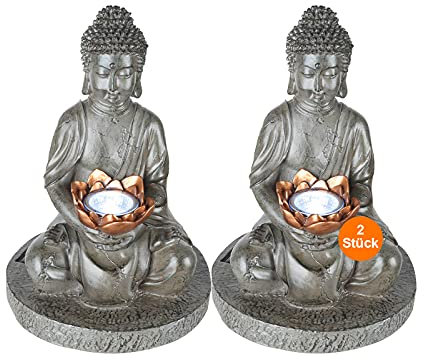 bmf-versand® Solarlampen für Außen Deko mit LED 2er Set - Gartendeko Figuren Steinoptik - Solarleuchten Garten Groß - Außenlampe Stehend Solar Buddah Blume - Höhe 30 cm