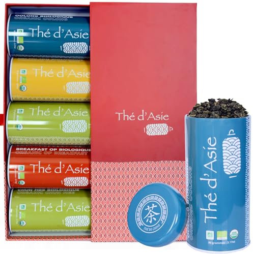 Khla - Coffret de 5 Thés Bio en Vrac - 5 Boites Métal - Coffret Cadeau à Offrir - Oolong, Pai Mu Tan, Breakfast OP, Sencha & Chun Mee - Thé Bleu, Vert Noir & Blanc - Tisane, Infusion