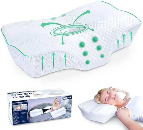 SAHEYER Cuscino Cervicale per Dormire, Cuscino Ortopedico in Memory Foam, Cuscini Ergonomico Ideale per Chi Dorme di Fianco, sulla Schiena o sulla Pancia, 60 x 40 x 13/11cm