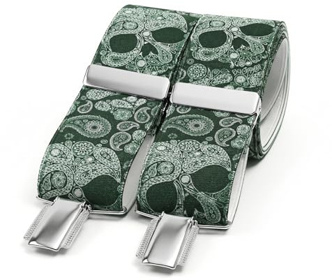 Tirantes Hombre Hechos a mano en España. Tirantes para pantalones hombre | 3 Pinzas extrafuertes | Color Verde con calaveras y Cachemire(Calaveras Verde)