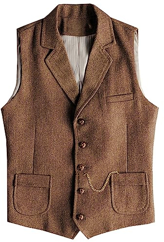 AeoTeokey Men's Tweed Suit Vest Western Herringbone Wool Casual Waistcoat for Groomsman (Brown,X-Large)