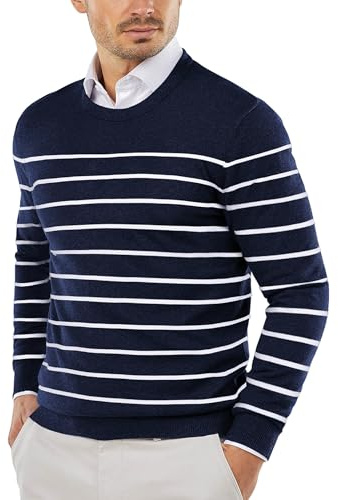 COOFANDY Pulls Hommes Col Rond rayé Pulls en Maille Slim Fit Rayures Sweater Business Pull d'hiver Hommes Pull en Maille Fine Bleu Marine/Blanc S