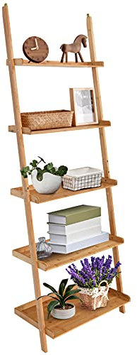 HOMASIS Leiterregal mit 5 Ebenen, Bücherregal aus Bambus, abnehmbares Küchenregal, Treppenregal mit Anti-Kipp-Vorrichtung Standregal Aufbewahrungsregal für Wohnzimmer Büro Bad, 65 x 36 x 183 cm, Natur