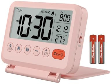 MeesMeek Travel Alarm Clock: 2-Level Backlight, 2 Volumes, 12/24H, Calendar, Temperature, Weekend Mode, Snooze, Folding Cover, Battery Operated Small Digital Clock (AAA Batteries Included)