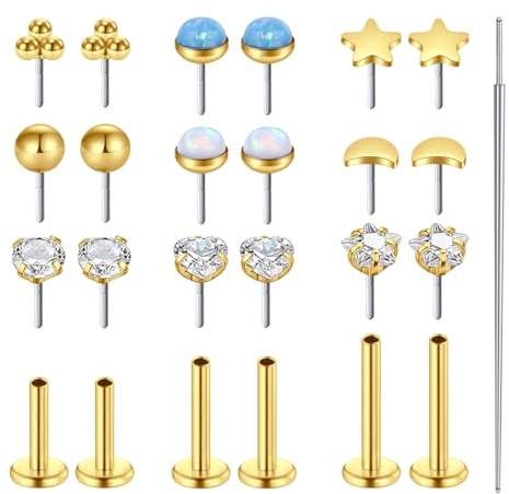 AVYRING Pendientes de Espalda Plana sin Rosca para Mujeres, 20G 18G 16G Acero Quirúrgico de Inserción para Studs de Nariz con Ópalo, Estrella, Luna, Corazón CZ Labret Tragus Cartílago Conch Hélice