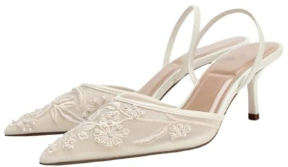 Women's Mesh Floral Embroidered Slingback Heels with Pearl Studded Pointed Toe Lace Heeled Sandals Backless Slip On Kitten Heel Pumps Wedding Party Shoes