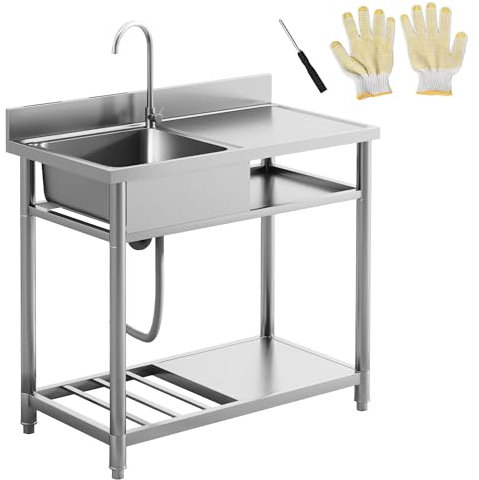 HOMCOM Outdoor Utility Sink, Stainless Steel Free Standing Single Bowl Kitchen Sink with Cold and Hot Water Pipe and Storage Shelf for Laundry Garage, 100 x 51.5 x 100 cm