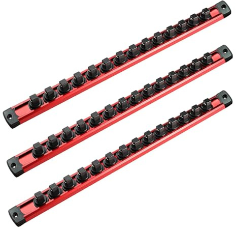 ACEBON Magnetisk Hylsorganiserare, 3-pack - Aluminiumställning för 3/8 Hylsor med 42 Röda Roterande Klammer - Verktygsorganisation för Garage & Verkstad