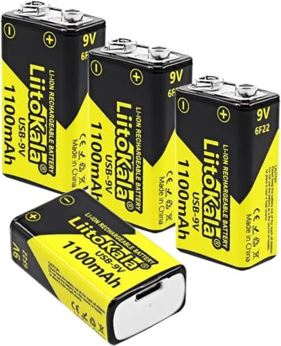 LiitoKala 9V Baterías Recargables, Baterías de Litio Alta Capacidad 1100mAh USB-C con luz Indicadora para Alarmas de Humo, Detectores de Metales, Walkie-Talkies, Dispositivos Médicos Etc. (4 Pack)
