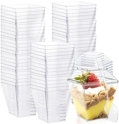 50 Piezas Vasos de Postre 60ml/2oz Mesa de Chuches Reutilizables Vasitos para Postres con Tapa Vasitos de Aperitivo Copas para Coctel de Gambas Tartaletas para Rellenar con 50 Tapa y Cucharas