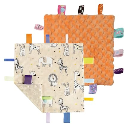 CREVENT Tag Security Blankets for Babies, Soft Small Loveys for Boys, Baby Comforter Sensory Blanket, Great Gifts for Birthday Baby Shower (24X24cm Zoo + Oragne)