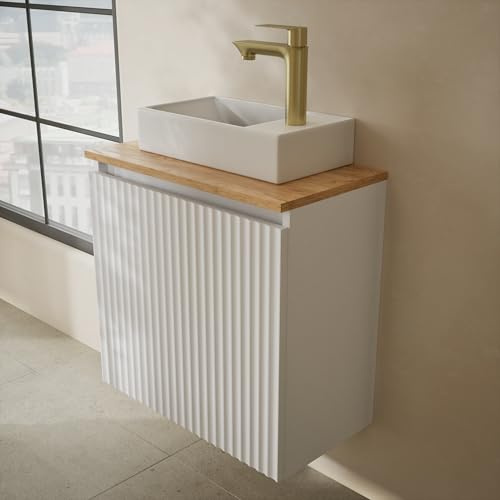 Planetmöbel Conjunto de Muebles de baño Lavabo con Mueble bajo | 56 x 55 x 30 cm blanco, con grifería y juego de desagüe para lavabo dorado cepillado para baño
