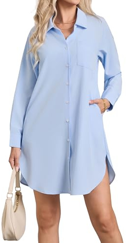 Enmain Camisa para Mujer de Manga Larga con Botones Blusa Vestido Largo de Algodón Casual con Bolsillos