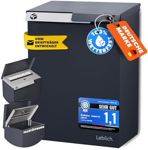LØBLICH Briefkasten RAL 7016 Anthrazit | Vom Briefträger entwickelter XL-Wandbriefkasten für Päckchen & Post - wetterfest, geräuscharm, abschließbar - Outdoor Stahl-Postkasten modern