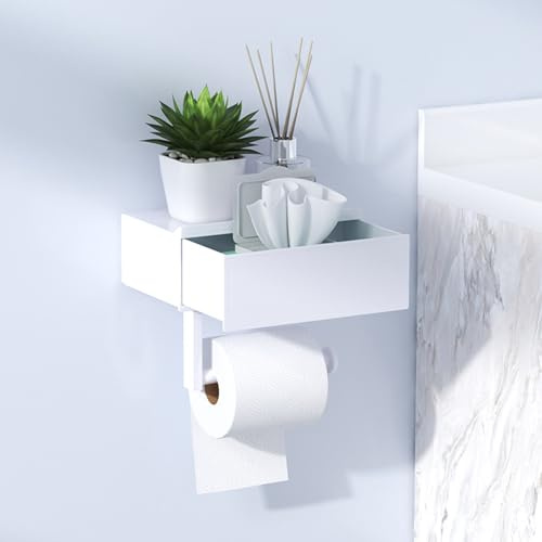 Shuqio Porte-Papier Toilette Blanc sans perçage, Support avec boîte à lingettes humides, étagère et tiroir, Rangement pour Salle de Bain Moderne en Plastique et Acier Inoxydable