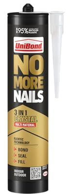 UniBond No More Nails 3-in-1 Transparent High-Strength Adhesive, Bonds Seals & Fills, Waterproof Grab & Gap Filler for Wood, Tile, Metal & Concrete, Indoor & Outdoor Use, 1 x 280 ml Cartridge