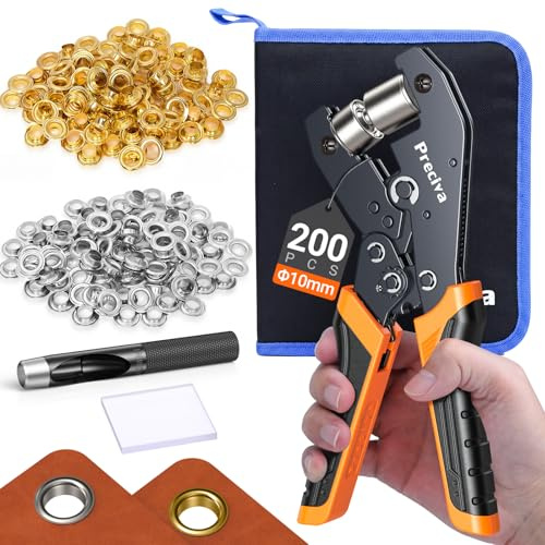 Preciva Remachadora Ojales, Alicate de Ojales (Ø 10mm) con Trinquete Ajustable, Kits de Ojales Dorados y Plateados, Herramienta para Lonas Impermeables, PVC, Cartón y Tejidos