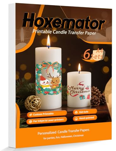 Hoxemator Pellicola Trasferimento Candele [6 Fogli] Carta Tattoo per Candele Stampabile per Stampanti Laser e Inkjet, Carta Trasferibile per Decorazioni Candela DIY per Natale, Matrimoni, Battesimi