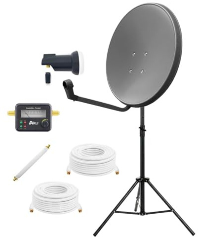 ARLI Treppiede da 120 cm con picchetti per antenna satellitare, in acciaio, pieghevole, regolabile in altezza, campeggio, balcone, giardino, terrazza, camper (treppiede + impianto satellitare da 60 cm