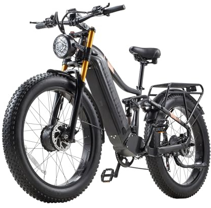 BURCHDA Dual Motor 190 N.m Electric Mountain Bikes for Adults E-Bike 48V 30Ah Removable Battery up to 160 km, 26 Fat Tire Ebike 7-Speed Gear with LCD Display Full Suspension Electric Bicycle HC26