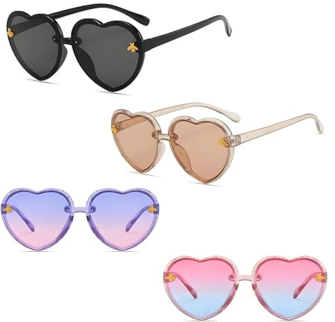 pozuauoa 4Pcs Kids Sunglasses Girls, Pink Heart Glasses Girls Sunglasseses, Childrens Sunglassesess Sunglasses Kids Heart Sunglasseses, for Summer Party Glasses Festival Accessories