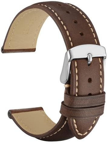 WOCCI 20mm Vintage Leather Watch Band for Men and Women, Silver Buckle (Dark Brown/Contrasting Stitch)