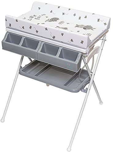 ib style® KOA 2-in-1 Wickeltisch mit Badewanne | mobile Wickelkombination | Klappbar | Große Wickelauflage | Wickelkommode für Babys Kleinkinder | MY LITTLE FARM GRAU