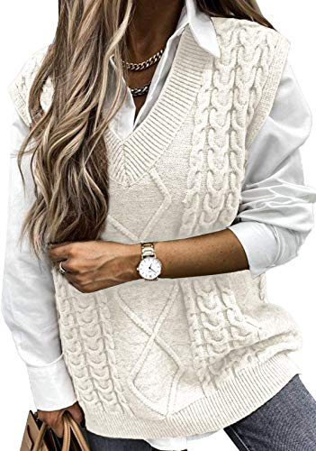 Minetom Pull sans Manche Col V Femme Gilet en Tricot Automne Hiver Débardeurs Chandail Oversize Bureau Pull-Over Tops Hauts A Beige 40