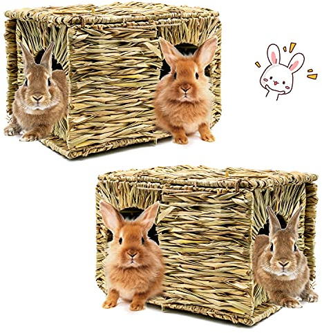 BWOGUE Extra Large Grass House for Rabbits,Hand Crafted Natural Grass Hideaway Foldable Bed Hut with Openings Playhouse for Bunny Guinea Pig Chinchilla Ferret for Play and Sleep(2 Pack)