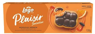 Lago 1968, Plaisir Nuvole Arancia 130g, Deliziosi Biscotti Petit Beurre con Farcitura di Marmellata Arancia e Ricoperti di Cioccolato Fondente