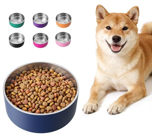 LIHONG Stainless Steel Dog Bowls for Large Dogs,Dog Food Water Bowls with Non Slip Rubber Bottom,Pet Feeding Bowl,Double Wall Insulated,Rustproof(64oz,Blue)