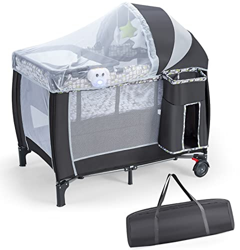 LIFEZEAL Cuna de Viaje para Niños, Cama de Tela Oxford 3 en 1, Corral Plegable para bebés de 0 a 36 Meses, Corral con Cambiador, mosquitera Plegable con 3 Juguetes