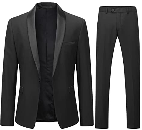 YOUTHUP - Traje de hombre de 2 piezas, ajuste slim, con bufanda, solapa, 1 botón, esmoquin para boda y cena, blazer y pantalones, Negro, M