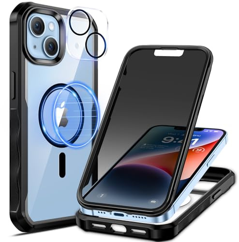 seacosmo Cover per iPhone 14 Privacy Magnetica, Compatibile con Magsafe, Antispy Schermo Integrata in Vetro Temperato, Protezione Fotocamera, Custodia 360 Gradi Antishock Fronte Retro - Nero