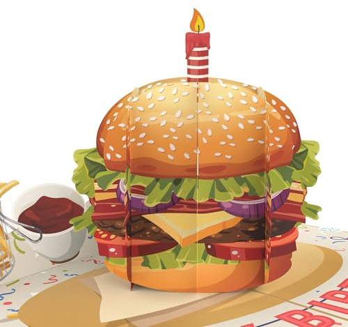 MOKIO® Tarjeta Pop-Up – Hamburguesa con vela – divertida tarjeta de felicitación en 3D para un cumpleaños, Tarjeta de cumpleaños emergente